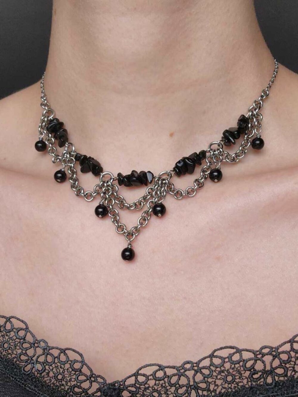 Gothic silver chandelier necklace with black obsidians